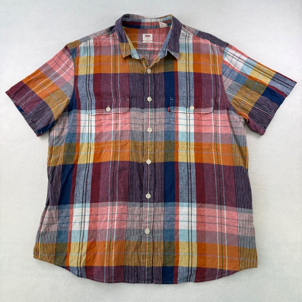 Levis Mens XL Relaxed Fit Linen Cotton Plaid Short Sleeve Button Down Shirt